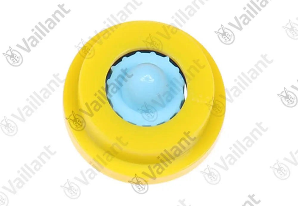 Gelber Wassermengenbegrenzer mit blauer Dichtung, vermutlich von Vaillant, zur Regulierung des Wasserflusses in Sanitäranlagen.
